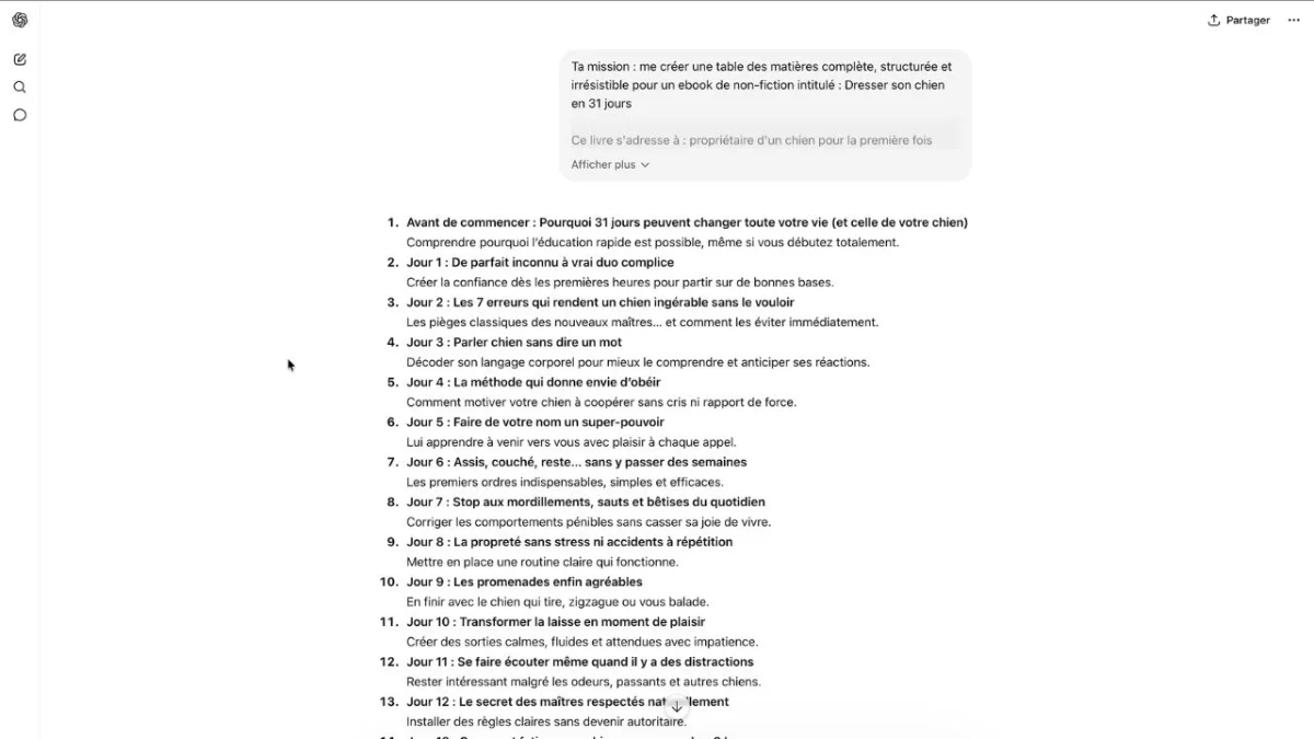 Table des matières détaillée pour un ebook sur l'éducation de son chien novice en 31 jours.